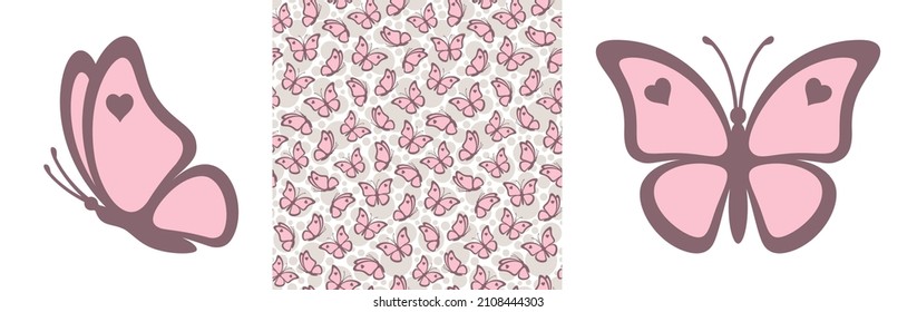 Contours of pretty butterflies with hearts and dotted seamless pattern isolated on a white background. Outlines of butterflies are great for print gift paper, wedding greeting cards and fabrics