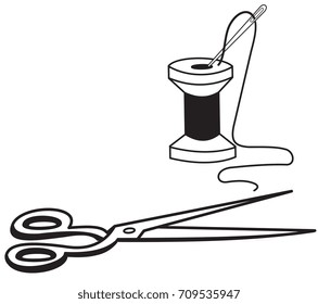 Contours of a reel with threads and a needle and scissors isolated on a white background