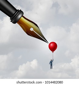 Contract Danger And Unfair Terms And Conditions Or Anonymous Source Reporting As A Businessman Holding A Balloon With A Sharp Pen Nib Piercing The Object With 3D Illustration Elements.