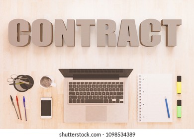 Contract - text concept with notebook computer, smartphone, notebook and pens on wooden desktop. 3D render illustration.