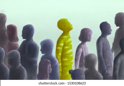 Contrast, Different, Outstanding, Freedom, Unique Concept Surreal Illustration, Green Human Looking At The Sky In Group Of Gray People