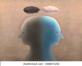  Contrast Human Heads With Contrast Cloud, Bipolar Disorder, Depression, Sad, Sorrow Concept Fantasy Painting, Surreal Illustration, Different