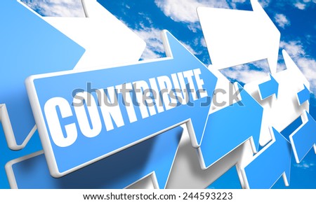 Contribute 3d render concept with blue and white arrows flying in a blue sky with clouds