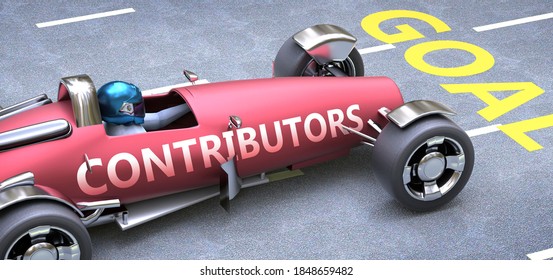 Contributors helps reaching goals, pictured as a race car with a phrase Contributors on a track as a metaphor of Contributors playing vital role in achieving success, 3d illustration