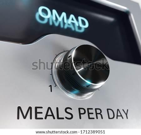 A control panel with one knob labeled "meals per day", set to one, with a display overhead displaying the acronym "OMAD" (One Meal A Day).
[3D rendering]