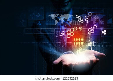 Control programming algorithm block with business person on the background