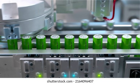 Conveer For The Production Of Lithium Ion Battery. Stamping Of Batteries, Application Of Protective Coating. Close-up. 3D Redering.