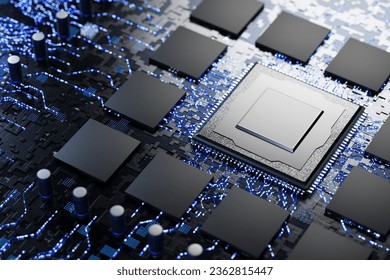 Conventional technologies. New microprocessor. Memory chips and central processor on an electronic board. Abstract microelectronics technology concept. Abstract microchip. 3d render.