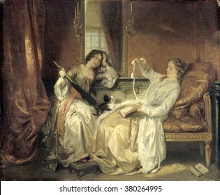 The Conversation, by David Bles, c. 1870-90, Dutch painting, oil on panel. Two relaxed young women conversing in a salon, with ample pillows. The woman on right is casually dressed in a loose robe ove