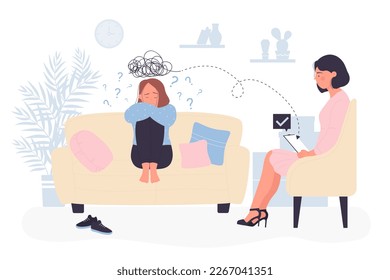 Conversation of professional psychologist and patient in office. Woman counseling sad girl sitting on sofa and talking about problem flat illustration. Mental health, psychology concept - Powered by Shutterstock