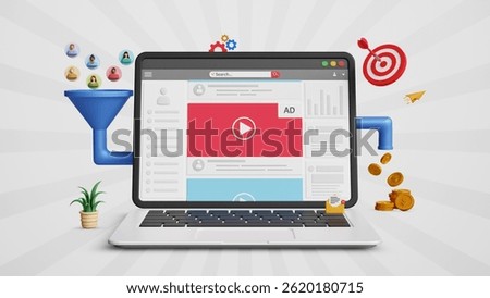 Conversion rate optimization, CRO, Leads generation, sales funnel concept. Customer-centric strategies, marketing, advertising campaign, online ads. Converting customers data into sales on 3D laptop