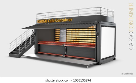 Converted Old Shipping Container Into Cafe, 3d Illustration Isolated Gray