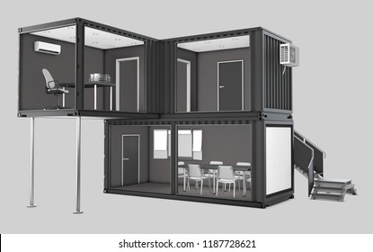 Converted Old Shipping Container Into Office, 3d Illustration Isolated Gray