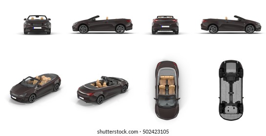 Convertible sports car renders set from different angles on a white. 3D illustration