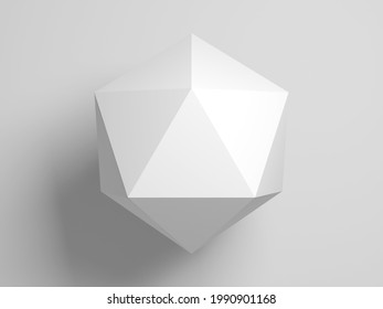 Convex regular icosahedron. Abstract white geometric shape over light gray background with soft shadow, 3d rendering illustation