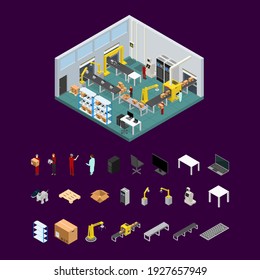 Conveyor Belt Line Factory Interior With Parts Isometric View Automatic Production Packaging Work Technology Assembly Machine Operations. Illustration