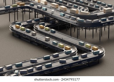 Conveyor with boxes. Automatic conveyor inside building. Fulfillment process. Boxes with FBS stickers. Fulfillment warehouse.  Cardboard boxes go on conveyor. 3d image