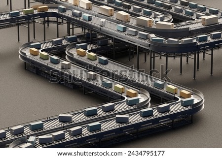 Conveyor with boxes. Automatic conveyor inside building. Fulfillment process. Boxes with FBS stickers. Fulfillment warehouse.  Cardboard boxes go on conveyor. 3d image