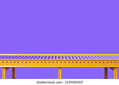 Conveyor And Empty Production Line, Automated Assembly Line For Factory On Purple Background. Concept Of Packaging And Delivery. Copy Space. 3D Rendering