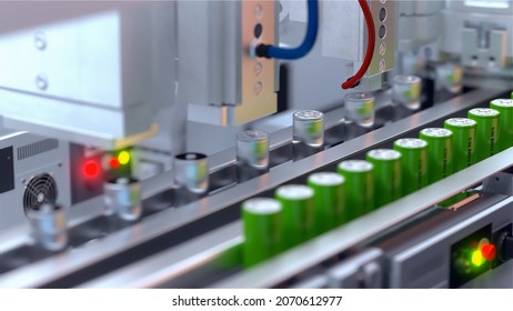 Conveyor Line For The Production Of Lithium Ion Batteries. Ecological Energy. 3D Illustration. 3D Rendering.