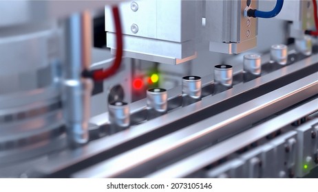 Conveyor Line For The Production Of Lithium Ion Batteries. Ecological Energy. Batteries Without Packaging. 3D Illustration. 3D Rendering.