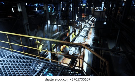 The conveyor system operates within a bustling factory, showcasing automated machinery engaged in production. Workers oversee the process among bright industrial lights.