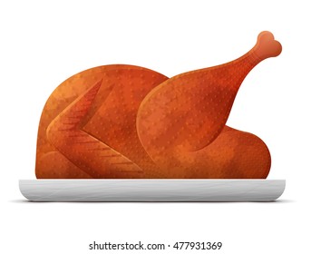 Cooked Roast Chicken Isolated On White. Christmas Whole Turkey On Platter Without Garnish