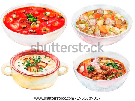 Cooked soups on an isolated background