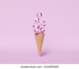 Cookie Ice Cream Cone With Beach Balls Floating On Top. Concept Of Summer, Vacation, Cool, Heat, Food And Fun. 3d Rendering