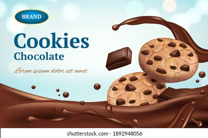 Cookies Advertizing. Healthy Delicious Food Chocolate Biscuits On Table Ads Placard Or Banner