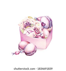 Cookies   candies in heart  shaped box  decorated and flowers roses   peonies  Watercolor illustration  Can be used for greeting cards   invitations