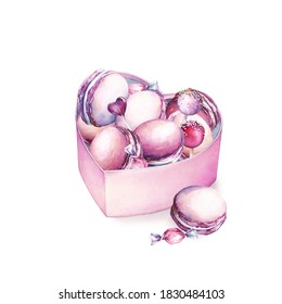 Cookies   candies in heart  shaped box  Watercolor illustration  Can be used for greeting cards   invitations