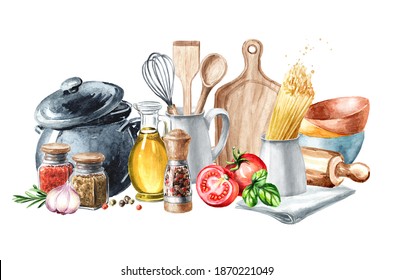 Cookig card with kitchen utensils. Watercolor hand drawn illustration isolated on white background - Powered by Shutterstock