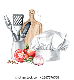 Cookig concept. Chefs hat, cutting Board, vegetables and spices. Watercolor hand drawn illustration, isolated on white background - Powered by Shutterstock