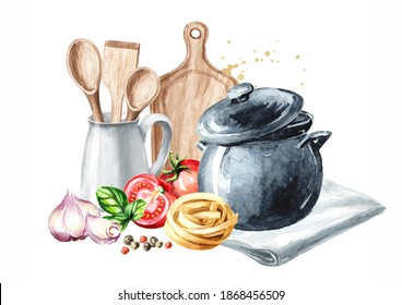 Cookig concept. Pan, cutting Board, Italian pasta and vegetables and spices. Watercolor hand drawn illustration isolated on white background - Powered by Shutterstock