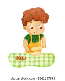 Cooking Boy Character Illustration. Watercolor Drawing Of A Baker Child. Perfekt For Sticker, Kitchen Design, Bakery Templates, Poster, Cards.