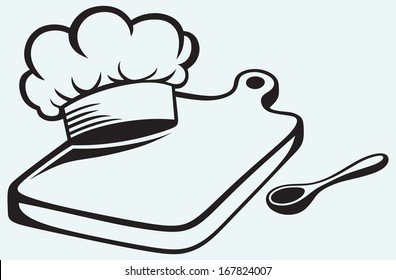 Cooking. Cutting board, chef hat and spoon isolated on blue background. Raster version - Powered by Shutterstock