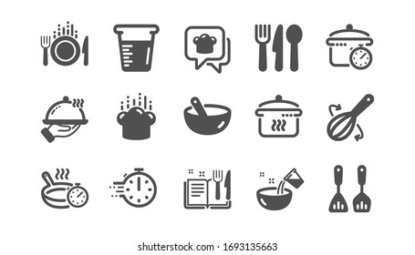 Cooking Icons. Boiling Time, Frying Pan And Kitchen Utensils. Fork, Spoon And Knife Icons. Recipe Book, Chef Hat And Cutting Board. Classic Set. Quality Set.