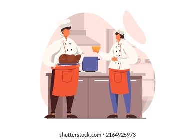 Cooking and restaurant web concept in flat design. Team of chefs prepare meals using fresh ingredients and kitchen utensils. Culinary art and professional staff. Illustration with people scene - Powered by Shutterstock