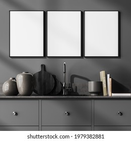 Cooking Room Interior With Grey Shelf, Sink With Kitchenware With Decoration. Three Blank Poster Mock Up On Grey Wall, 3D Rendering No People