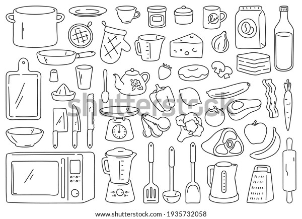 Cooking tools and ingredients. Food prepare, kitchen\
cookware and utensil. Outline spoon, knife, bowl and plate.\
Culinary  doodle\
set