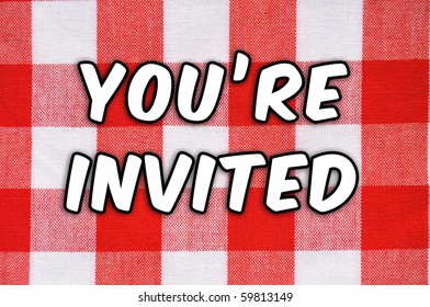 Cookout / BBQ concept. Classic plaid table cloth "You're Invited!" - Powered by Shutterstock