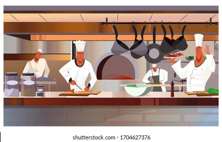 Cooks working at restaurant kitchen illustration. Busy chefs in uniform cooking dishes. Restaurant staff concept - Powered by Shutterstock