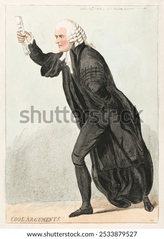 Cool Arguments (1794) etching art by Isaac Cruikshank. Vintage man illustration. Vintage male person art drawing illustration, old painting art print of a man a judge in judge outfit. Legal concept.