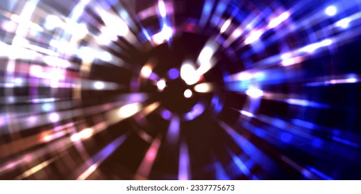 Cool background of moving glowing lights. Vibrant colorful portal template for your design. Light rays and glow particles in motion forming a wormhole shape.