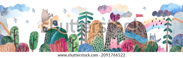 Cool bear riding a hilly\
road. Mountain adventure. Watercolor illustration. Horizontal\
banner. Decor for a children\'s room. Horizontal seamless\
pattern.