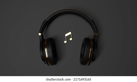 Cool Black And Gold Headphones With Music Note In The Center. 3D Rendering Wallpaper On Dark Background.