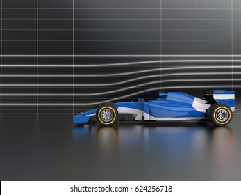 Cool Blue Formula Racing Car In Wind Tunnel - 3D Illustration