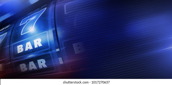 Cool Blue Slot Machine Banner Background. One Handed Bandit 3D Rendered Illustration with Copy Space. Casino Gambling Backdrop.
