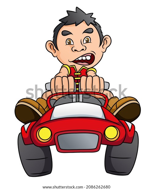 The\
cool boy is driving the car so fast of\
illustration
